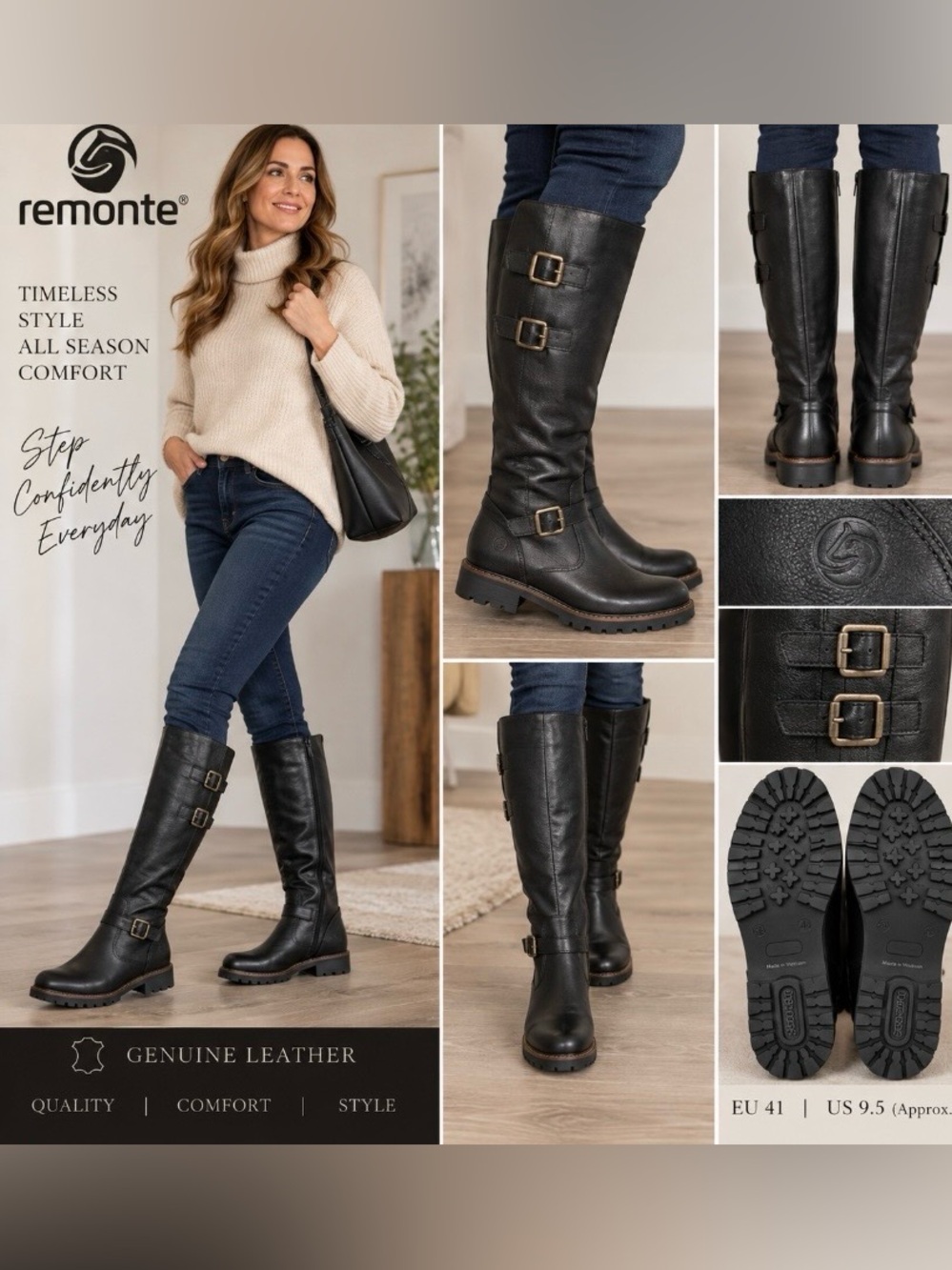 Remonte Genuine Leather Tall Riding Boots Black Buckle EU 41